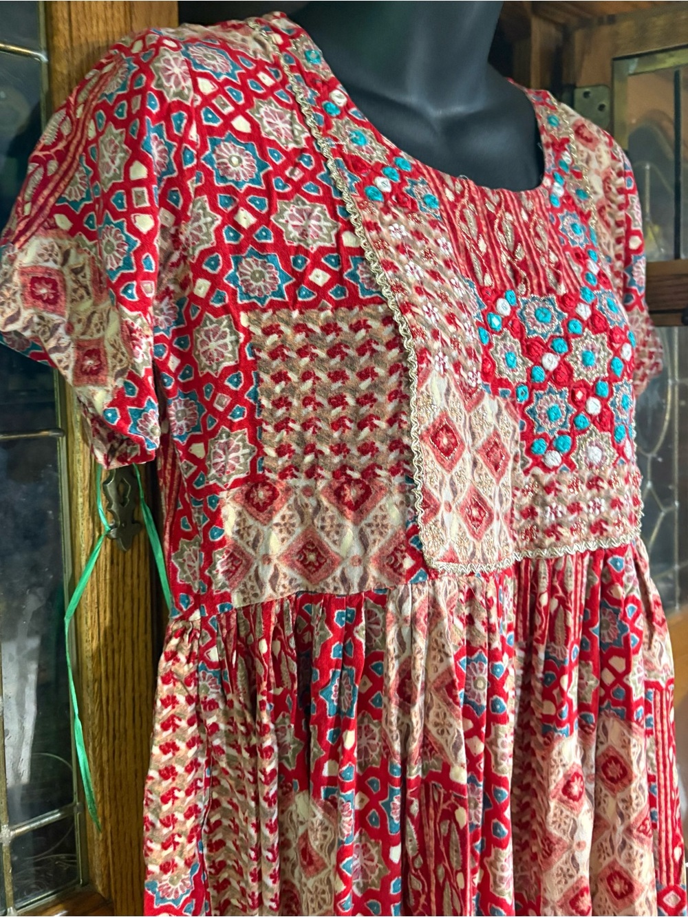 India Red patchwork crinkle boho midi dress d4 - Picture 9 of 10